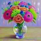 Assorted Flowers in Clear Glass Vase on Multicolored Background