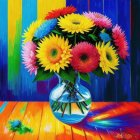 Colorful Flower Bouquet in Round Vase on Striped Background