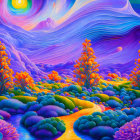 Colorful surreal landscape with swirling sky and wavy patterns