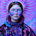 Vibrant digital portrait of a woman with blue facial patterns on psychedelic background