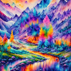 Colorful Mountain Landscape Painting with River and Trees