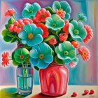 Colorful Still Life with Turquoise and Coral Flowers in Vase