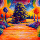 Colorful Landscape Painting with Stylized Trees and Swirling Sky