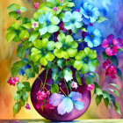 Colorful Flower Painting in Purple Vase on Blurred Background