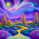 Colorful psychedelic landscape with rolling hills and vibrant vegetation under swirling sky.