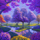 Enchanting forest scene: purple trees, glowing path, intricate gates, celestial night sky