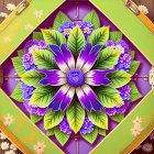 Symmetrical floral digital art with purple and green hues and detailed blue core