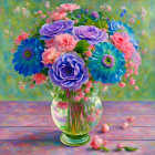 Colorful Flower Bouquet in Glass Vase on Textured Table with Scattered Petals