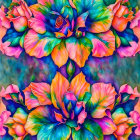 Colorful Floral Pattern with Orange and Pink Flowers on Blue and Purple Background