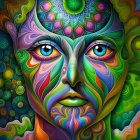 Colorful Psychedelic Portrait with Detailed Eyes and Abstract Patterns on Dark Background