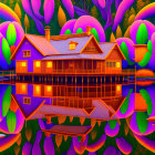 Colorful painting of wooden house by reflective lake and vibrant foliage