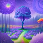 Colorful layered mountains, luminous moon, intricate tree in fantasy landscape