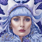 Woman with porcelain-like skin in blue floral headpiece among serene blue flowers