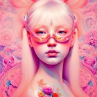 Woman with pale skin and white hair in pink mask surrounded by flowers in surreal illustration