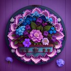 Teal Vintage Suitcase with Purple and Pink Flowers on Lavender Background