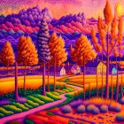 Psychedelic forest scene with glowing path and yellow moon