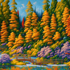 Colorful forest scene with golden-orange trees and lush flora reflected in water