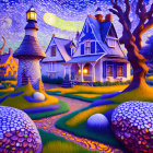 Colorful Whimsical Painting of Quaint House in Fantastical Landscape