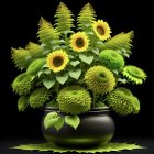 Detailed sunflower bouquet in stylized vase on dark background