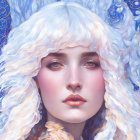 Stylized portrait of woman with blue and white floral hair and golden accents