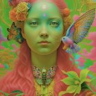 Surreal portrait with pink hair, green skin, flowers, butterflies