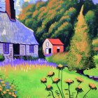 Colorful painting of a hilltop village in lush greenery