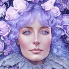 Surreal portrait of woman with purple hair and roses, bird, and floral patterns in purp