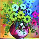 Multicolored flowers in purple vase on blurred background