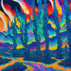 Colorful swirling landscape with stylized trees and wave-like sky