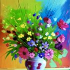 Colorful Watercolor Painting of Flowers in White Vase