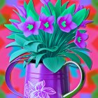 Colorful Pink and Purple Flower Bouquet in Floral Purple Vase on Blue and Red Background