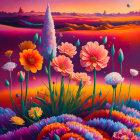 Colorful painting of person in blooming flower field under pink sky