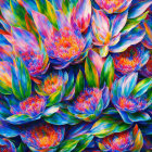 Colorful painting of blooming flowers with blue, pink, and orange hues