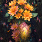 Colorful digital artwork: orange and peach flowers, greenery, butterflies on dark background