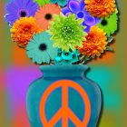 Colorful digital artwork: Blue vase with peace symbol and stylized flowers