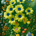 Colorful digital artwork: Yellow and green stylized flowers with a rainbow-petaled bloom, lush