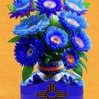 Colorful painting: Blue and white flower bouquet in brown pot on orange backdrop