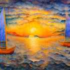 Sailboats on wavy ocean with setting sun and textured sky