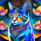 Colorful digital art: Three stylized cats in cosmic setting