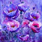 Colorful digital artwork: Stylized purple and blue flowers on soft purple background.