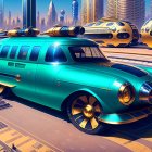 Futuristic turquoise car with gold detailing in urban setting