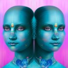 Symmetrical facial tattoos on twin women in front of pink backdrop