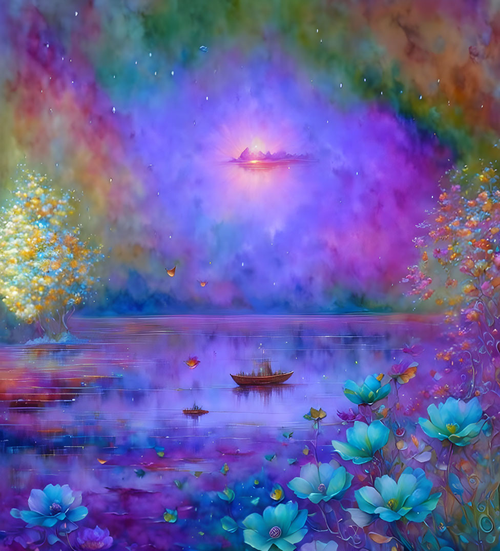 Surreal painting of calm lake with lotus flowers, boat, and colorful galaxy