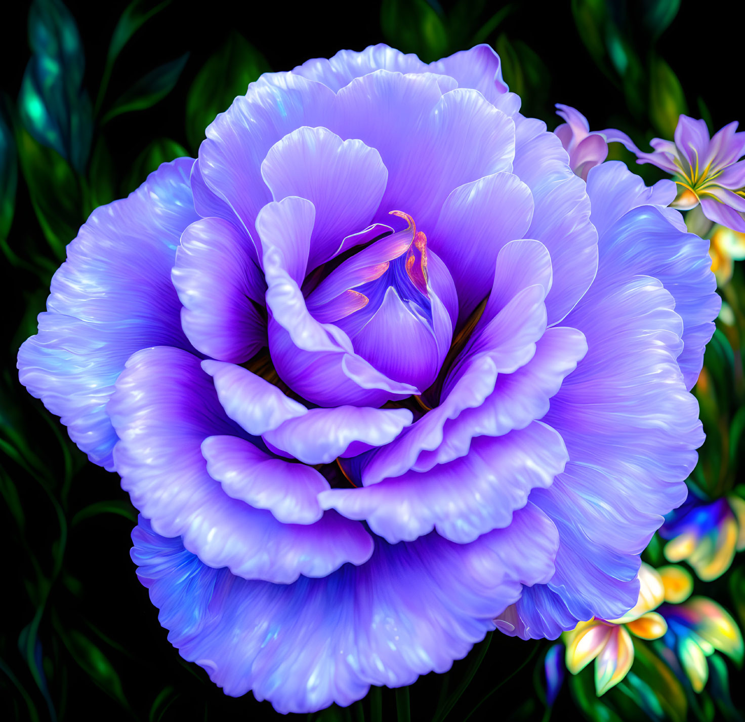 Vibrant Blue-Purple Flower on Dark Background with Green Foliage