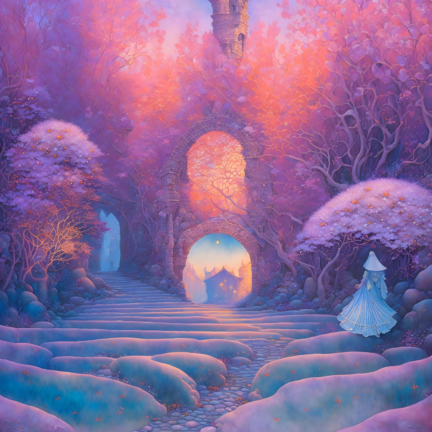 Vibrant pink and purple landscape with arched gateway, figure, and castle