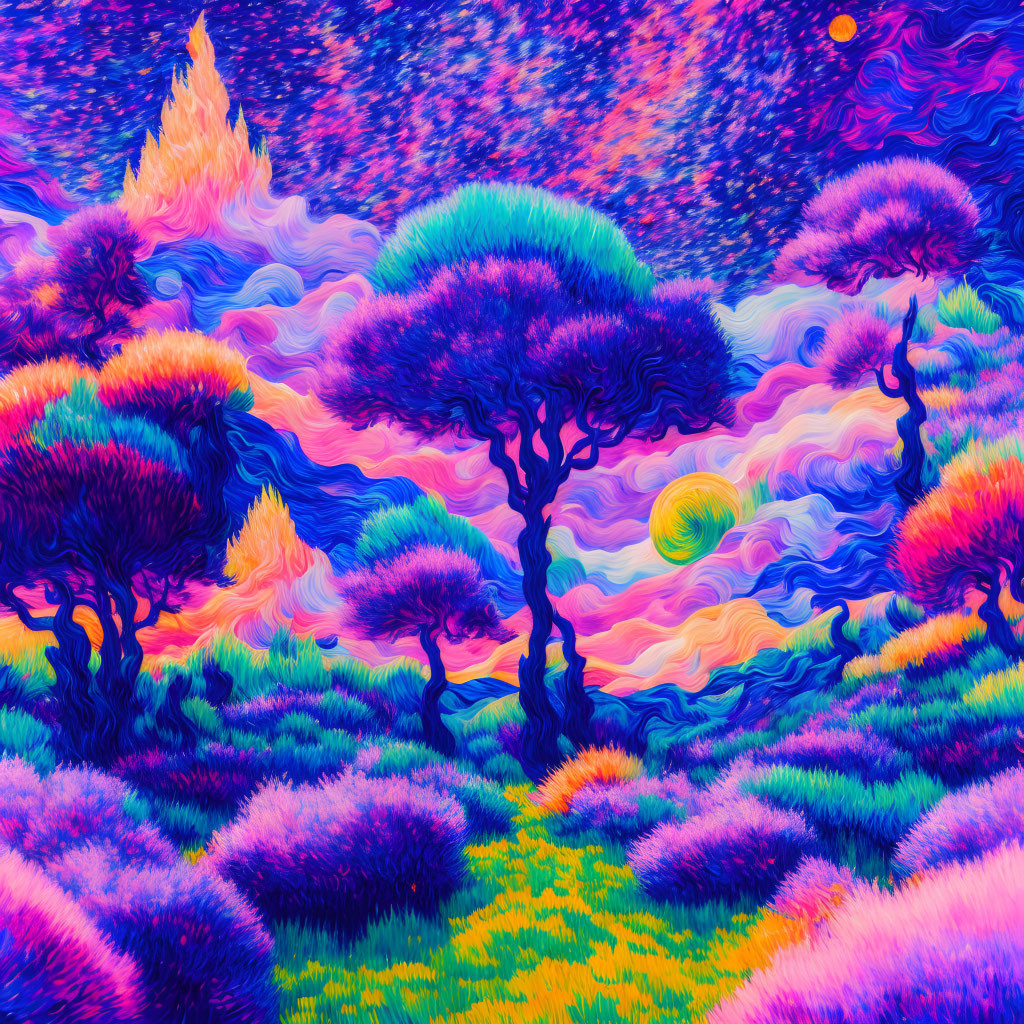 Colorful Psychedelic Landscape with Swirling Skies and Vibrant Foliage