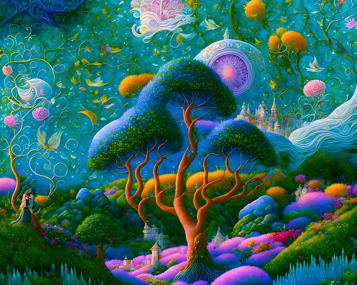 Colorful whimsical painting of lush tree in fantastical landscape