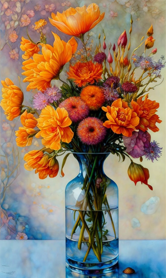 Colorful painting: Glass vase with orange flowers on pastel background