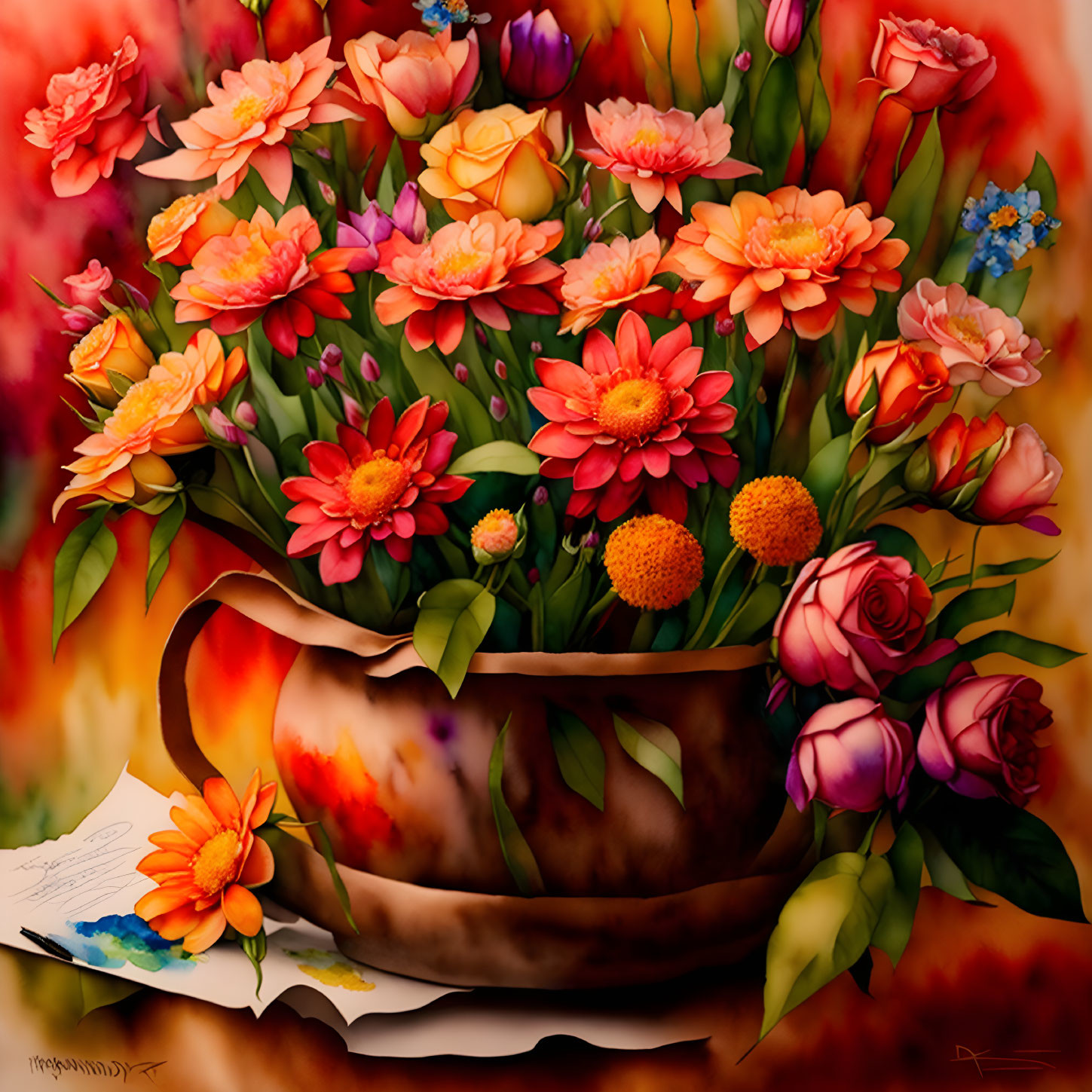 Colorful Flower Bouquet Painting on Warm Background