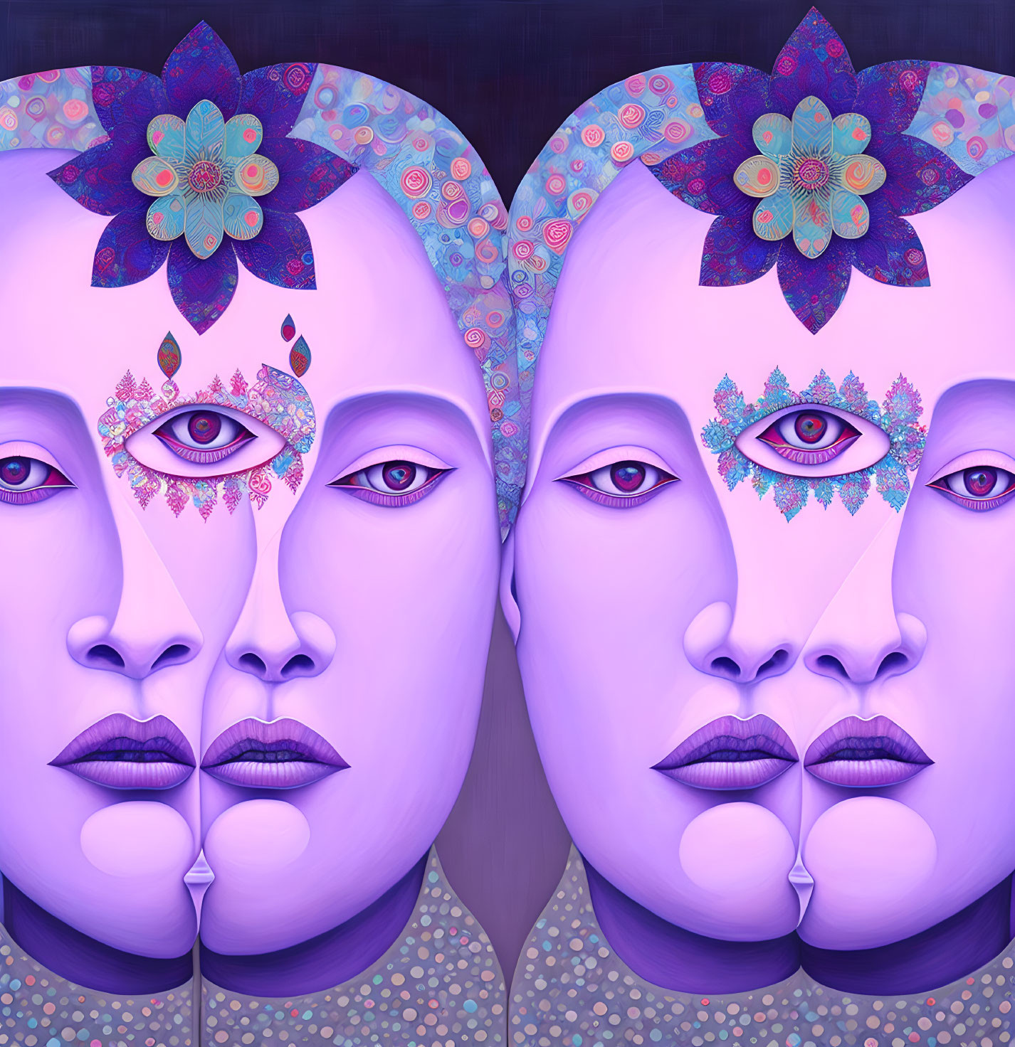 Symmetrical purple faces with shared eye and floral patterns